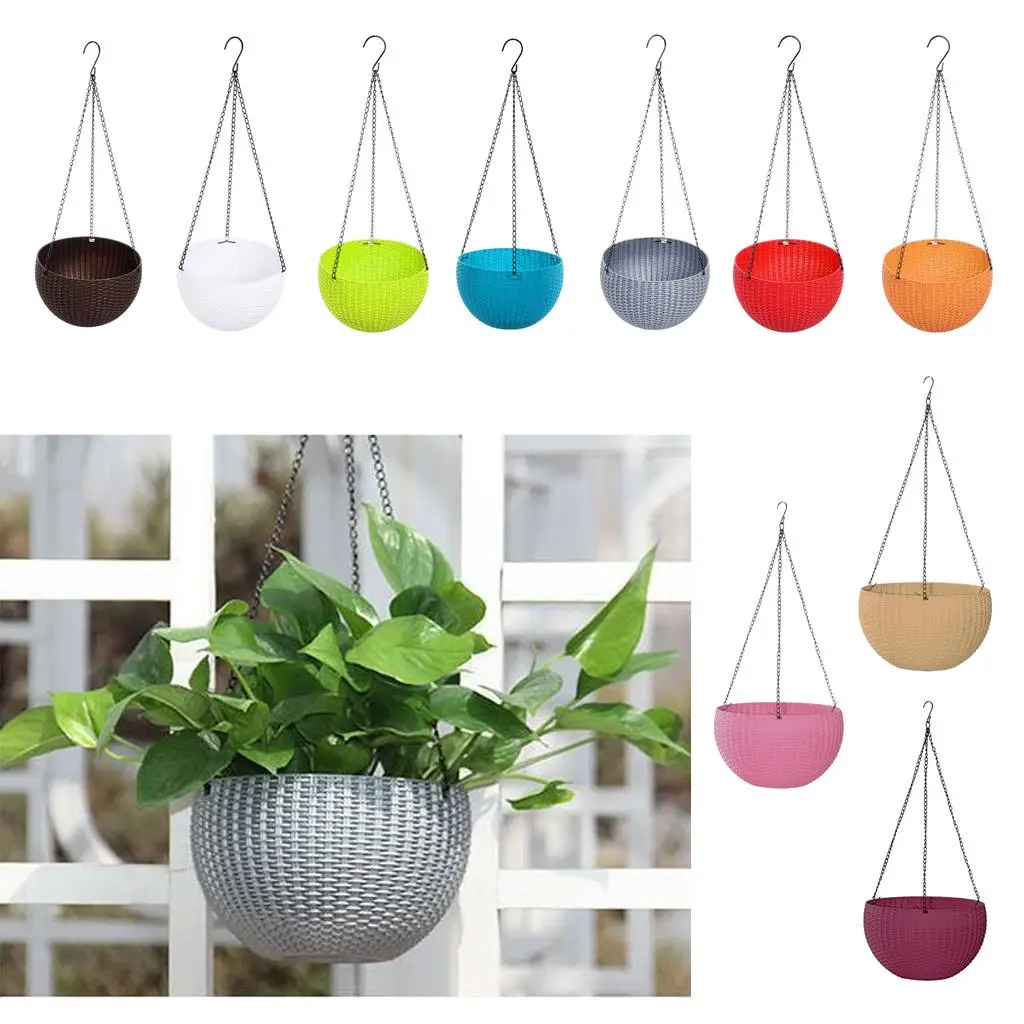 سلة سلسلة بلاستيكية مستديرة معلقة زارع معلق الزهور والنباتات، وعاء ديكور زارع معلق مع علبة سقي