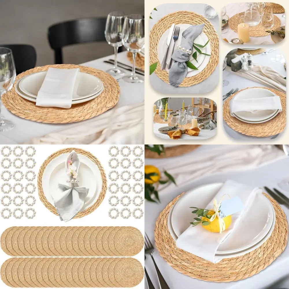 

12-дюймовые круглые тканые салфетки, набор из 40 шт. с 20 жемчужными кольцами для салфеток, натуральный водный гиацинт оптом для свадеб и ужинов