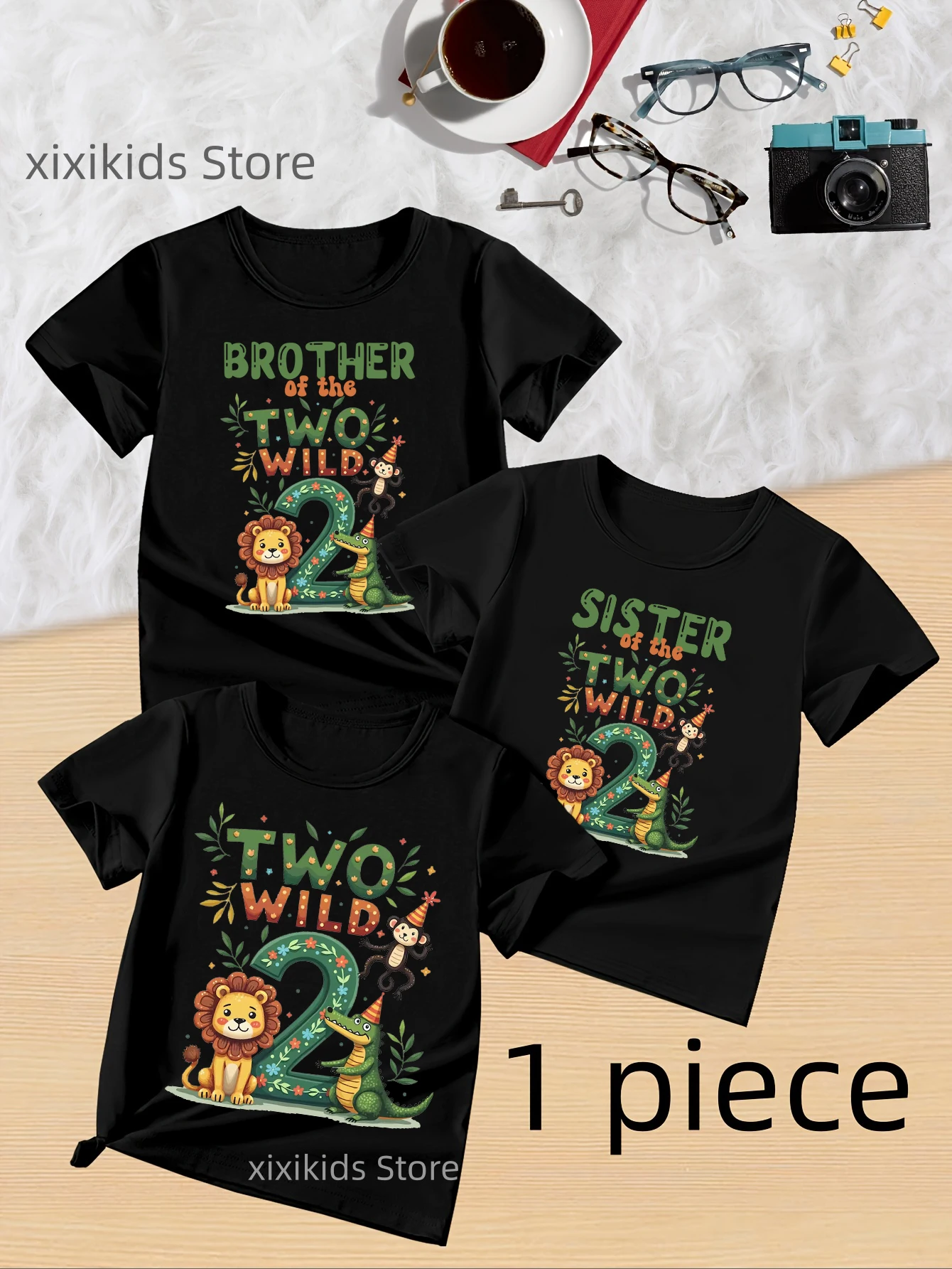 

Two Wild Lion Monkey Crocodile Printed Black T Shirt 2nd Birthday Gift T-Shirt Sister/Brother Of The Two Wild Kids Clothes
