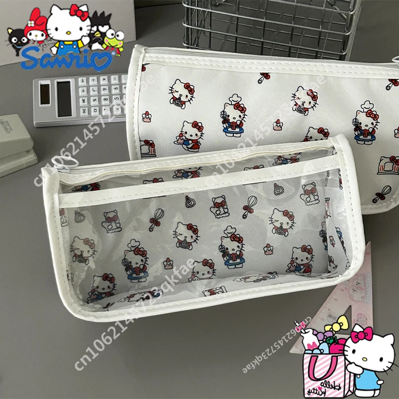 Sanrio Hello Kitty Semi Transparent Pencil Case Student Cartoon Large Capacity Multi-layer Stationery Storage Bag Holiday Gift