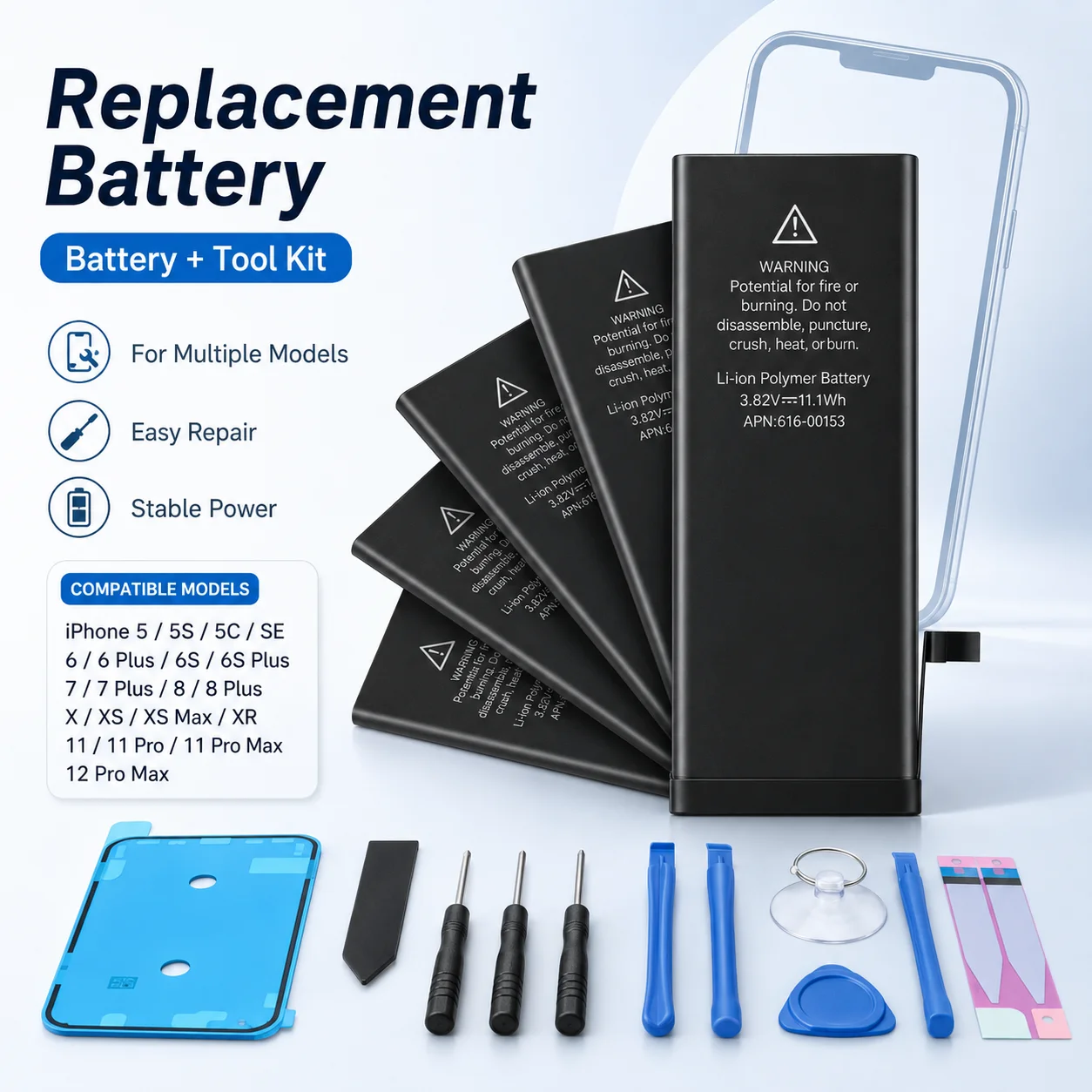 1 Stück Ersatz-Handy-Akku für iPhone 5 5S 6 6S 7 8 Plus X XR XS 11 12 13 Mini Pro Max SE 2020 mit Basis-Reparaturwerkzeug-Set