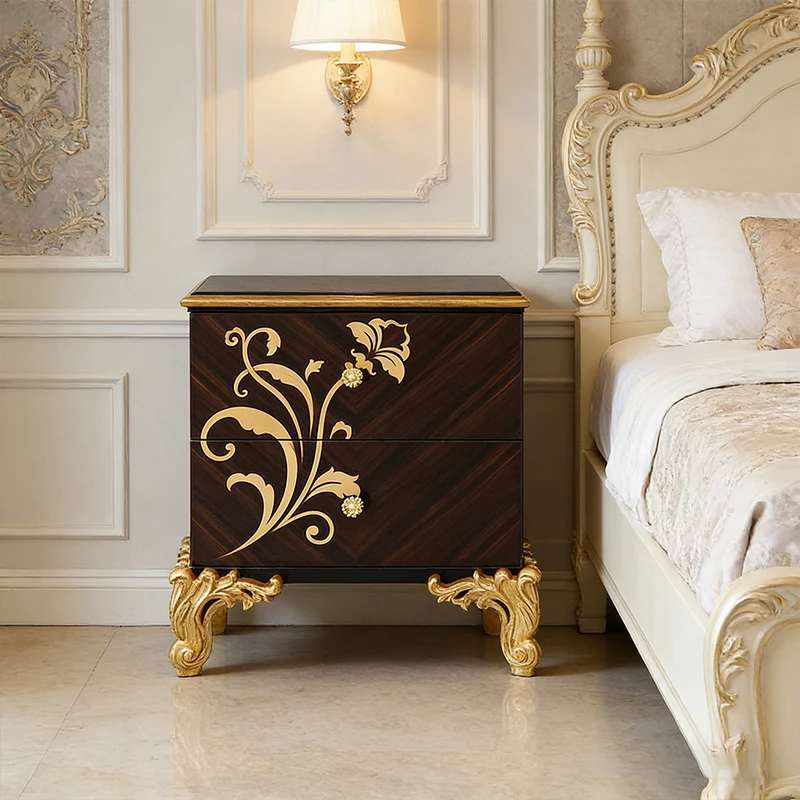 

!@Luxury Style Hand-carved Gold Leaf Accents Solid Wood Bedroom Bedside Table Ebony Wood Veneer Mid Century Modern Nightstand