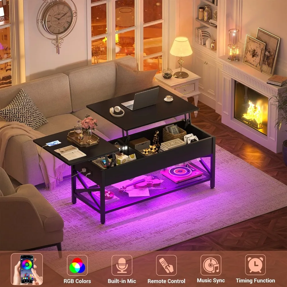 Lift Up Coffee Table with Storage Space, LED Lights and Power Sockets, and Hidden Compartments, Living Room Coffee Table