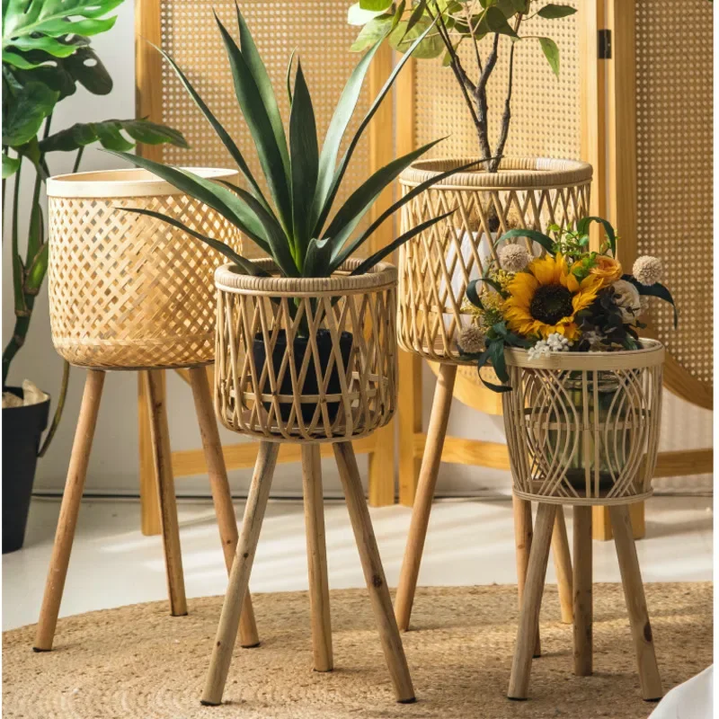 Nordic Living Room Plant Shelves Bamboo Woven Hollow Design Durable Rack for Plants Scandinavian Flower Stand Stylish Home Decor