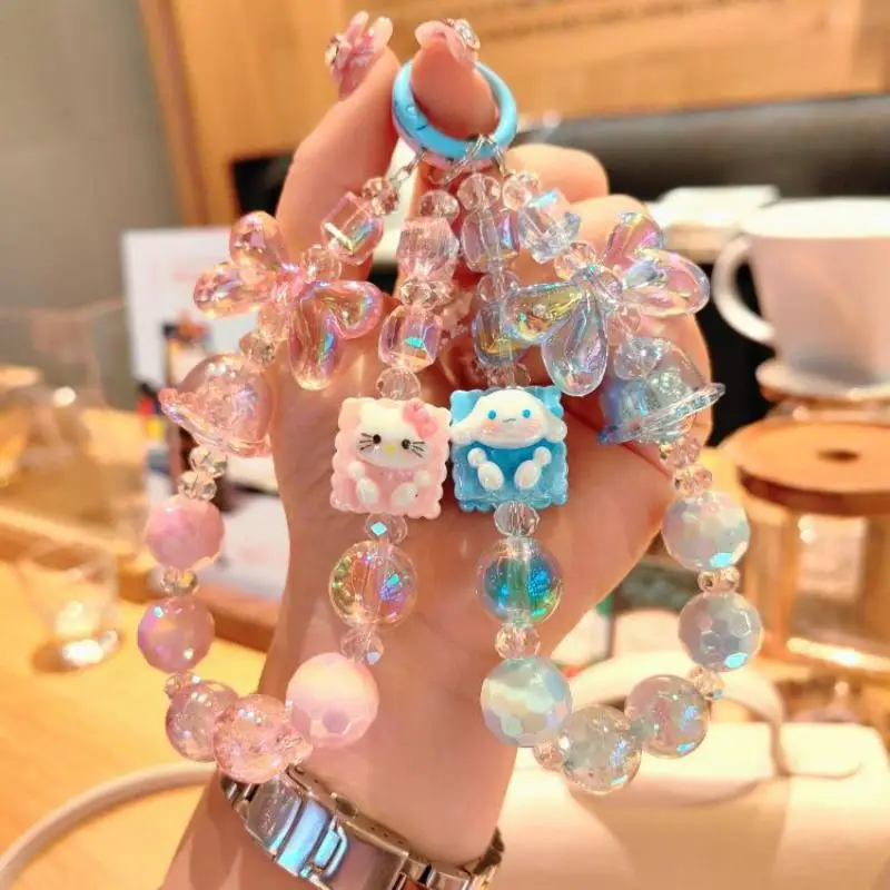 

MINISO New HelloKitty Bead Chain Keychain Japanese Kawaii Dopamine Color Mobile Phone Chain Female Backpack Pendant