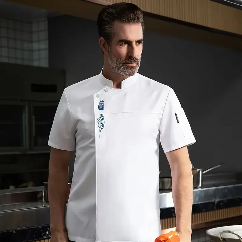 Uniforme de chef de manga corta para mujer, chaqueta de cocinero, camiseta de Chef, uniforme de trabajo de panadero, camarero, restaurante, ropa de Hotel, logotipo gris