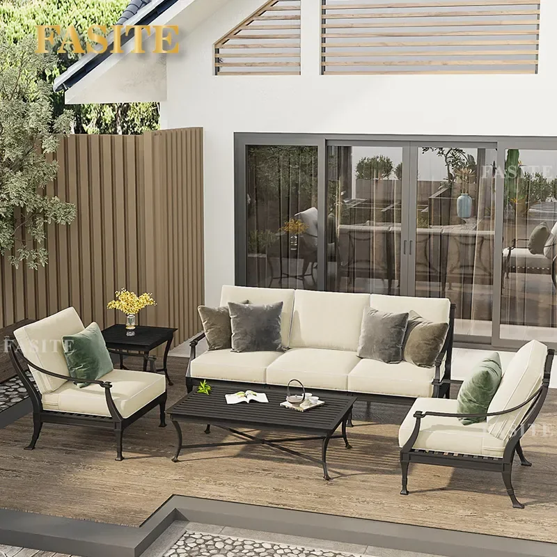 For American Outdoor Cast Aluminum Sofa Table and Chair Set Waterproof Wrought Iron Patio Garden Furniture Durable Courtyard