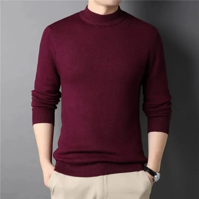 Autumn Winter Men's Cashmere Sweater Solid Color Base Shirt Youth Warm Half Turtleneck Knit Pullover Slim Knitwear Man Sweater