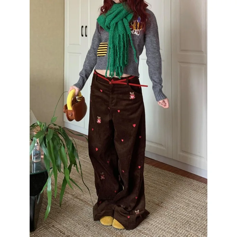 

Женские длинные брюки Y2k 202, осень-зима, мешковатые вельветовые брюки, брюки с вышивкой, широкий крой 2000-х годов, винтажные милые корейские новинки