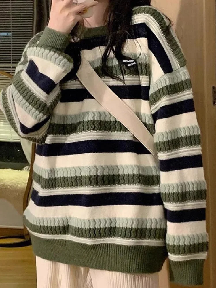 

Men's Striped Knitted Knit Sweaters Women Winter Oversized Loose Pullover Female Thick Jumper Warm Lazy Knitwear Lady Korean