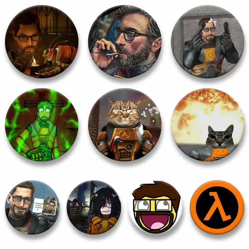 Anime Game Figure Gordon Freeman Art Soft Button Pins Cartoon Round Retro Brooch Bag Shoes Lapel Badge Jewelry Accessories Gifts