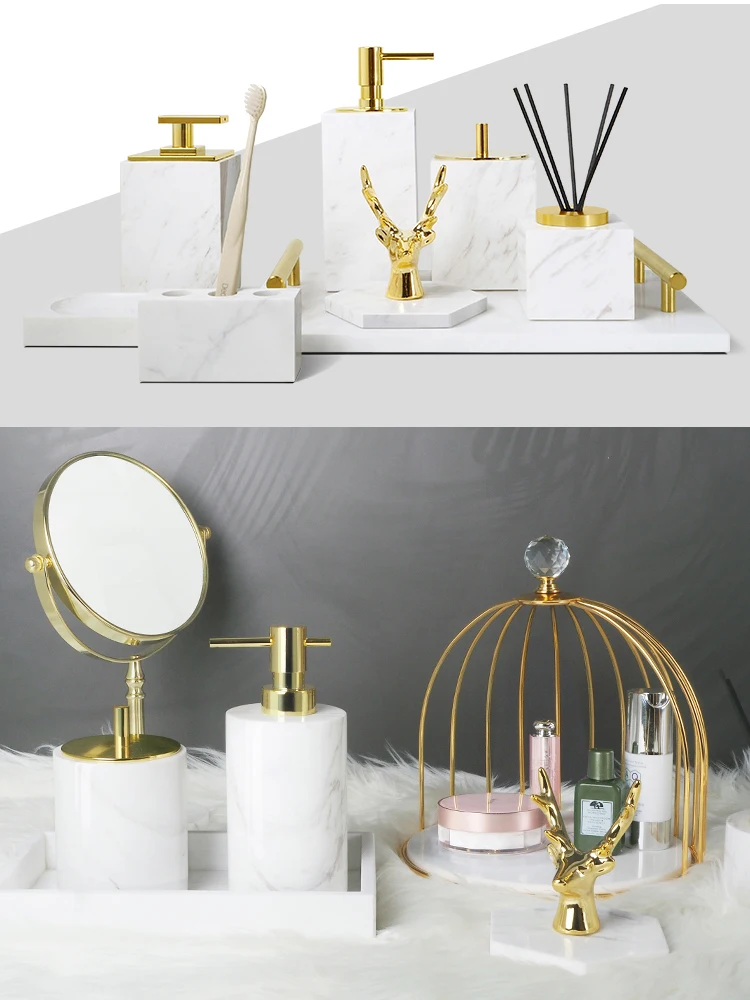 Volakos White Natural Marble Bathroom Accessories Set Golden Luxury Soap Dispenser Makeup Rack Vanity Tray Bathroom Set