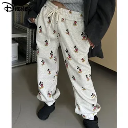 Disney Mickey New Printed Winter Fleece Women Sports Casual Korean Trousers Y2k Female Drawstring Jogger Loose Straight Pants