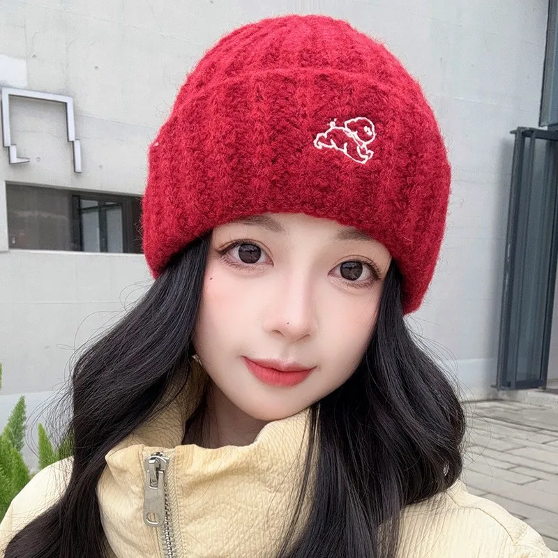 Cute Dog Embroidery Knitted Beanie Women Winter Warm Thick Fuzzy Cuffed Hat Soft Ribbed Skull Cap Fashion Streetwear Beanie