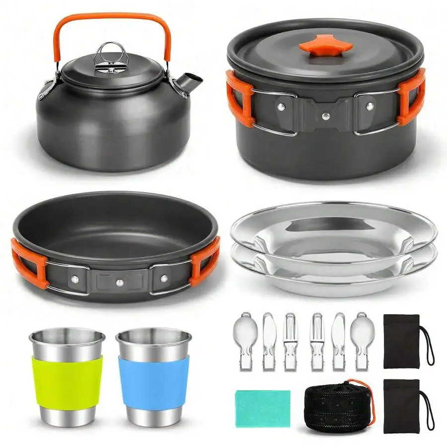 11pcs Portable Outdoor Cookware Set,Camping Picnic Tableware Cookset Cooking Kit Lightweight With Cups Plates Forks Knives Spoon