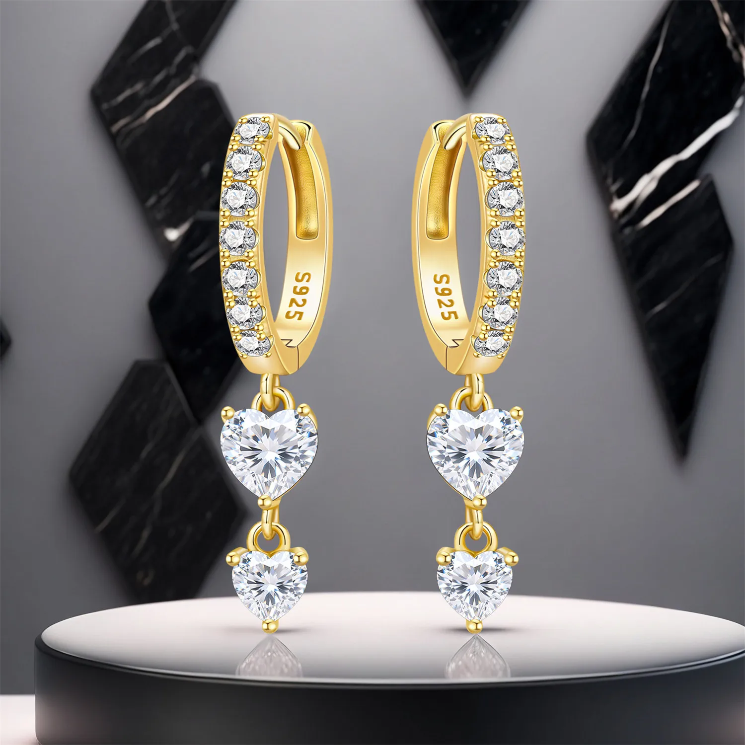 PANPOKI 925 Sterling Silber Goldene Exquisite Herz-Liebe-Tropfen-Ohrringe Damen-Ohrringe Mode Party Original Schmuck Feine Geschenke