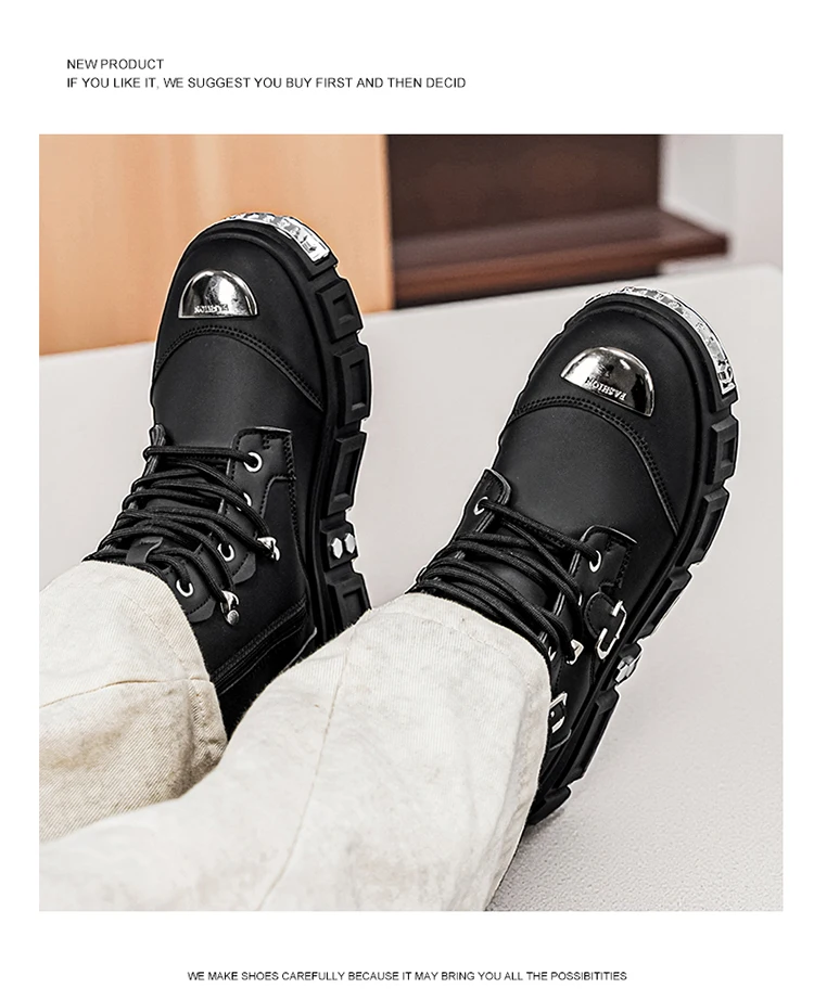 Herren-Streetwear-Stiefel in Uni-Farbe, High-Top, mit Metallschnalle, im Punk-Stil, Motorradstiefel – Detail 17