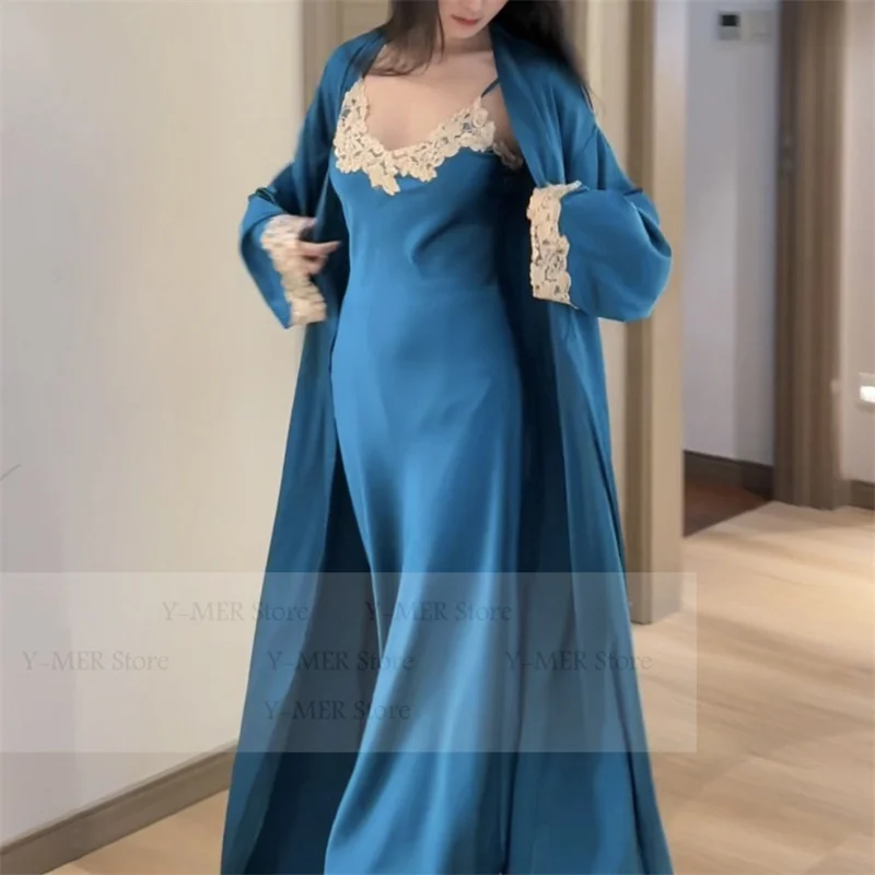 

Long Robe Set Rayon Home Wear Women Big Lace Patchwork Sling Nightdress Luxury Sleepwear Summer Autumn New Kimono Bathrobe