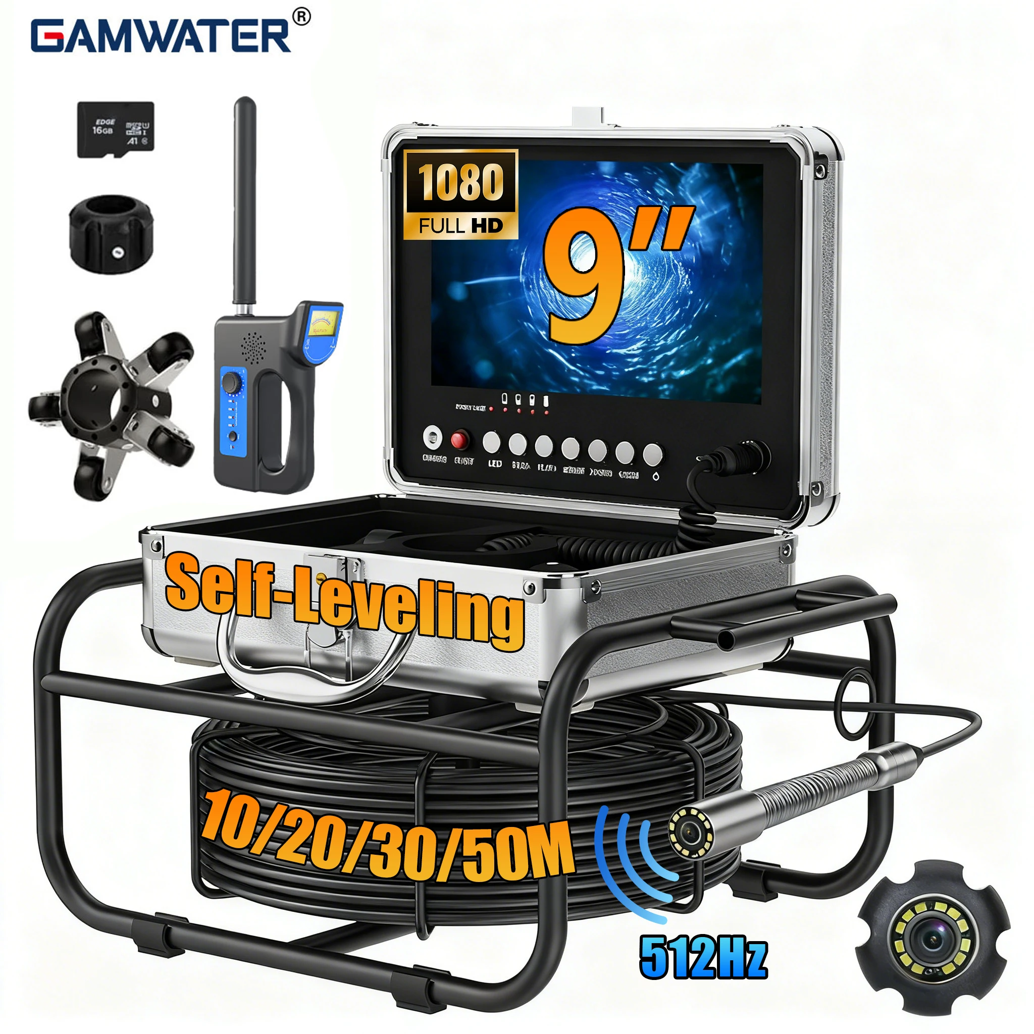 Sewer Inspection Camera, 512Hz Self-Leveling Sewer Camera with 9' Monitor, AHD 1080P Endoscope Camera with 12PCS White Light