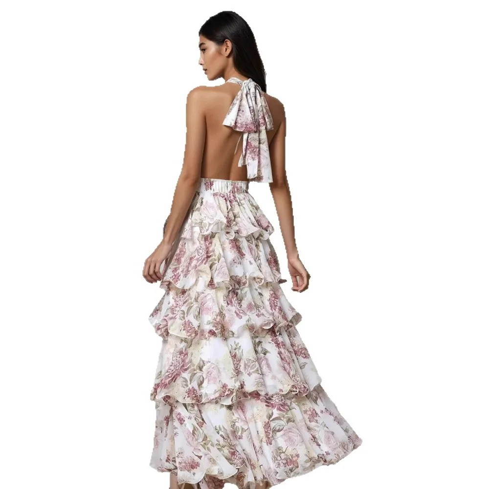 2025 verão novo sexy com decote em v cinta feminina vestido multi camada moda impressa feminino pendurado pescoço vestidos longos