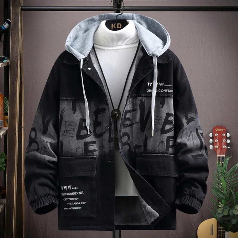 

Casual 2024 Winter Men's Thicken Hooded Fleece Denim Jackets Youth Windproof Cotton Jeans Parkas Warm Streetwear Top Plush Coats