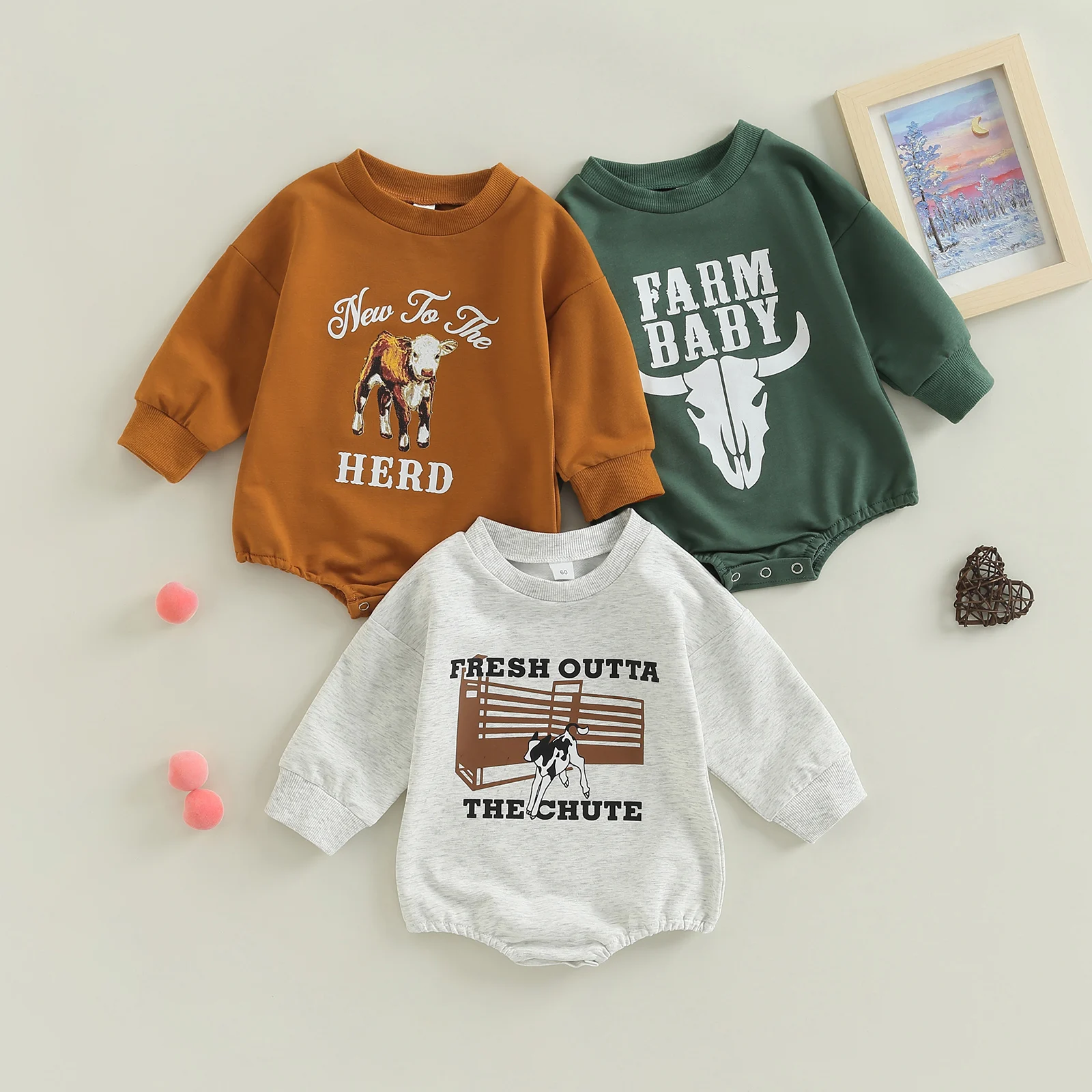 Autumn Baby Boys Girls Cotton Sweatshirts Bodysuits Long Sleeve  Cartoon Cow Letter Print Loose Rompers Jumpsuit Outfits