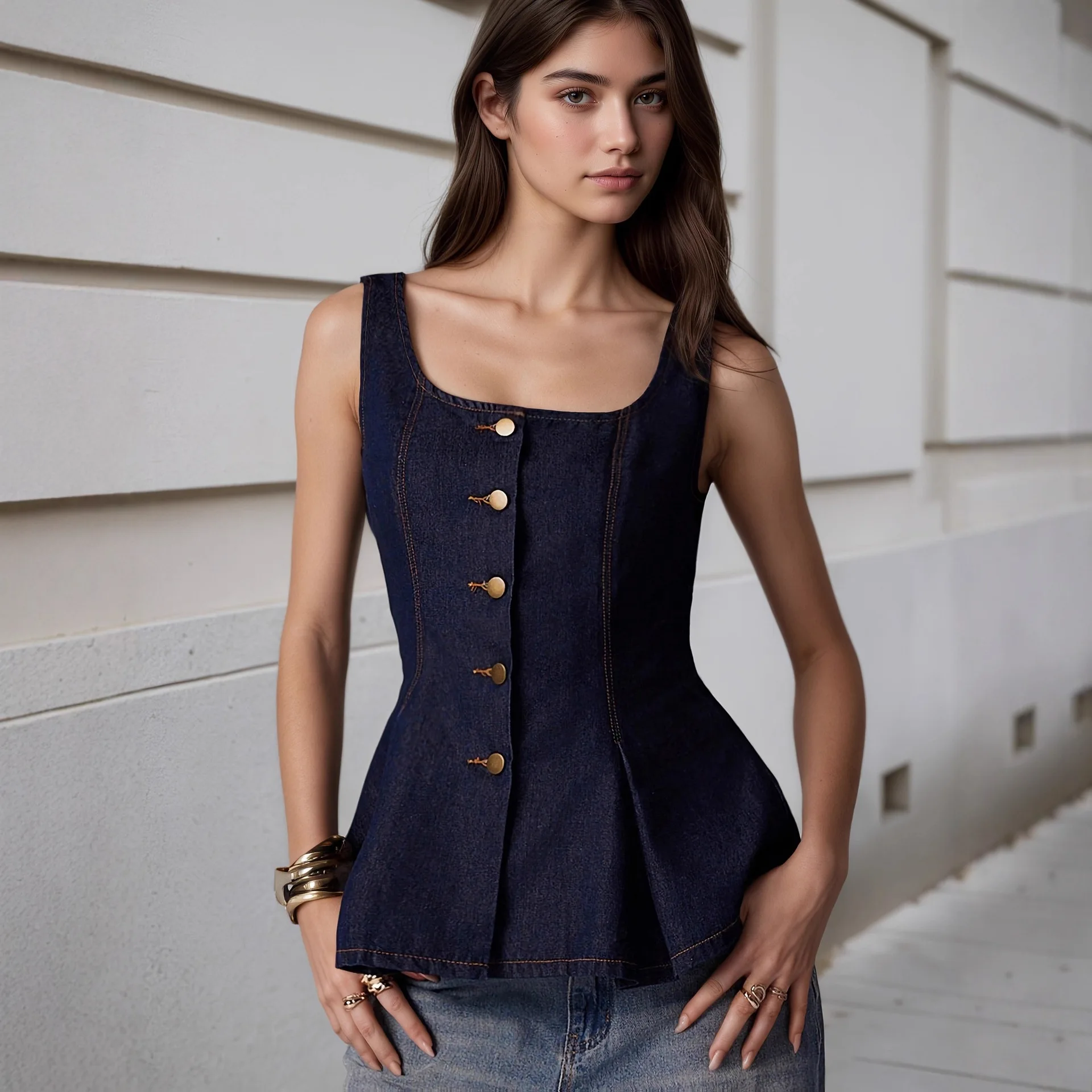 Sexy Faux-Denim Peplum Top für Damen, Sommer Rückenfreies Knopfleisten-Korsett Tanktop, Vintage Y2K Jeans-Look Ärmellose Bluse