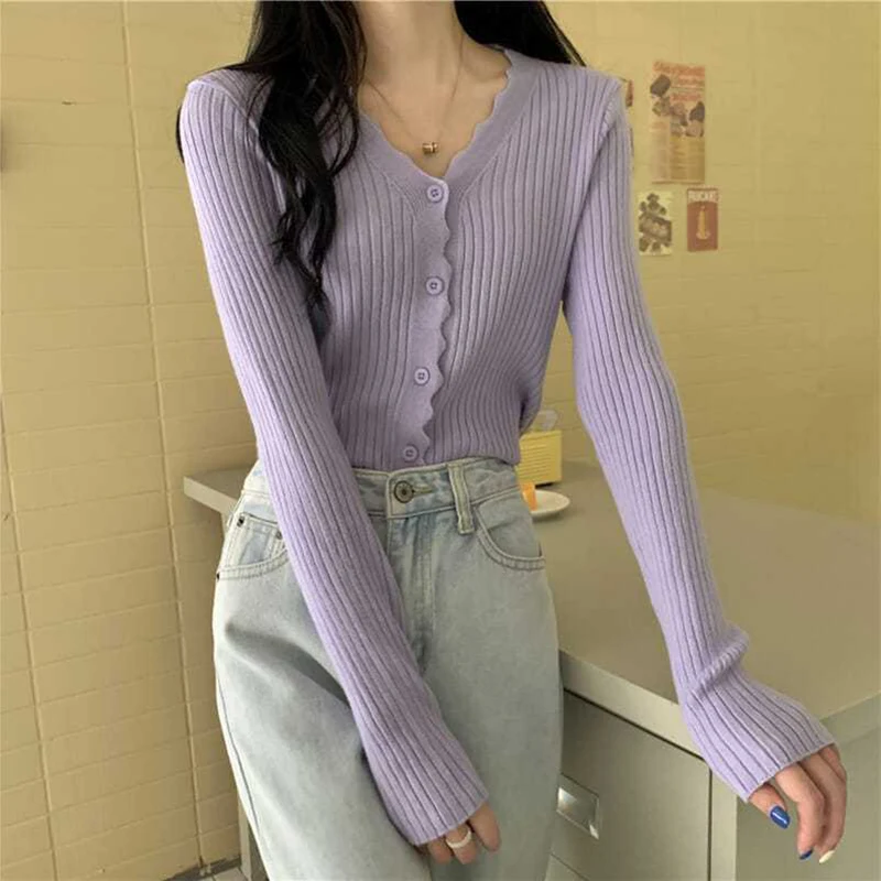 Koreanische kurze Pullover Frauen Herbst neue sexy V-Ausschnitt gestrickte Strickjacke Basis Hemd weibliche lange Ärmel einreihige schlanke Tops