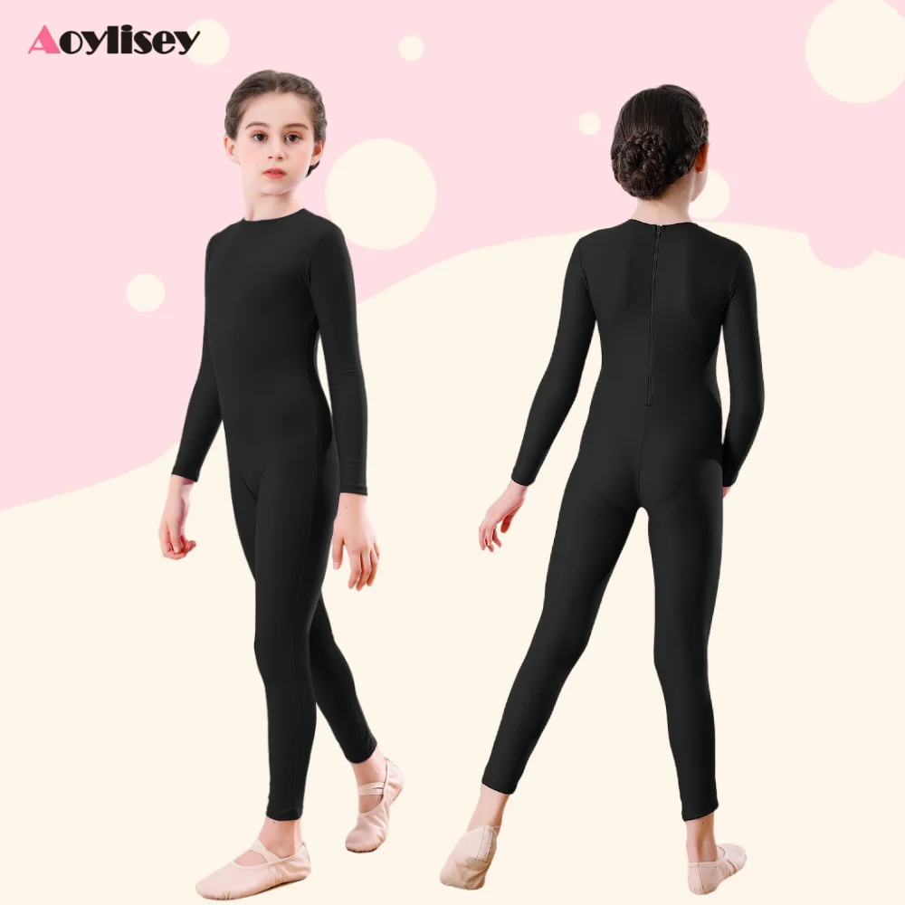 الفتيات السود طويلة الأكمام الرقص Unitard كامل الجسم يوتار الباليه الجمباز سكيت الأطفال ارتداءها بذلة ارتداء دعوى هالوين