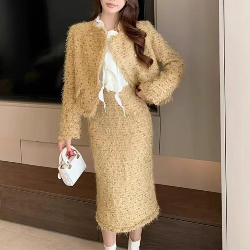 Autumn Winter Fashion Casual Two-piece Set Tassel All Match Short Jacket Long High Waist Knee Length Skirt Elegant 2-piece Se