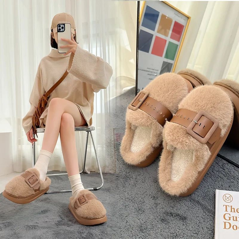 

2025 Winter Women's Thick Soled Belt Buckle Fur Slippers Warm Fuzzy Outdoor Slippers Cross Border Wholesale