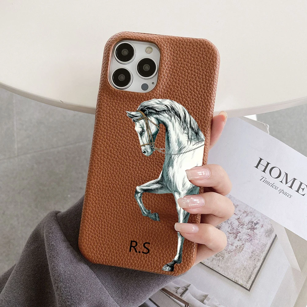 Personalized Customized Name Horse Leather Case For Iphone 16pro max 15 14 13 Pro Max 12 Mini 11 kafr letters Luxury Covers
