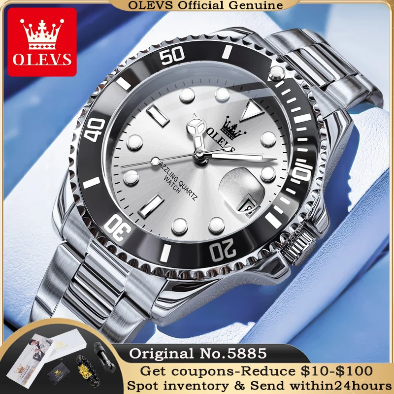 OLEVS 5885 reloj de negocios para hombres, reloj de cuarzo de buceo, reloj Original de lujo de acero inoxidable resistente al agua luminoso con fecha automática para hombres