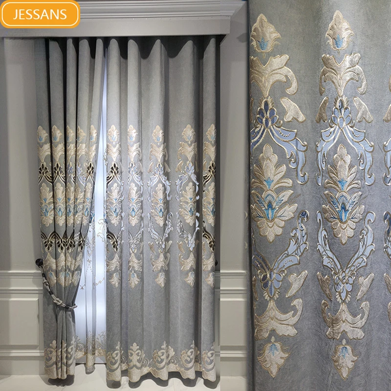 

New Hollow Gray Embroidered Window Screen with Chenille Thickened Curtains for Floor To Ceiling Living Room Study Room Bedroom