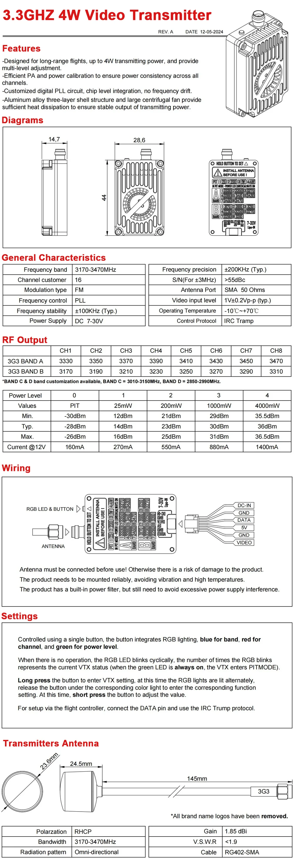 RUSHFPV 3.3G 4W VTX Transmitter Module 3170-3470MHz 3.3G Goggles VRX Video Transmission Receiver for Long Rang FPV Racing Drone
