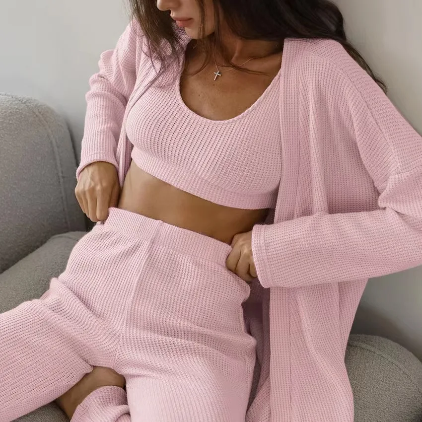 新ファッションニットTシャツセット ロングパンツ ベスト ホームウェア 快適で通気性のあるレディースファッションセット 秋2024