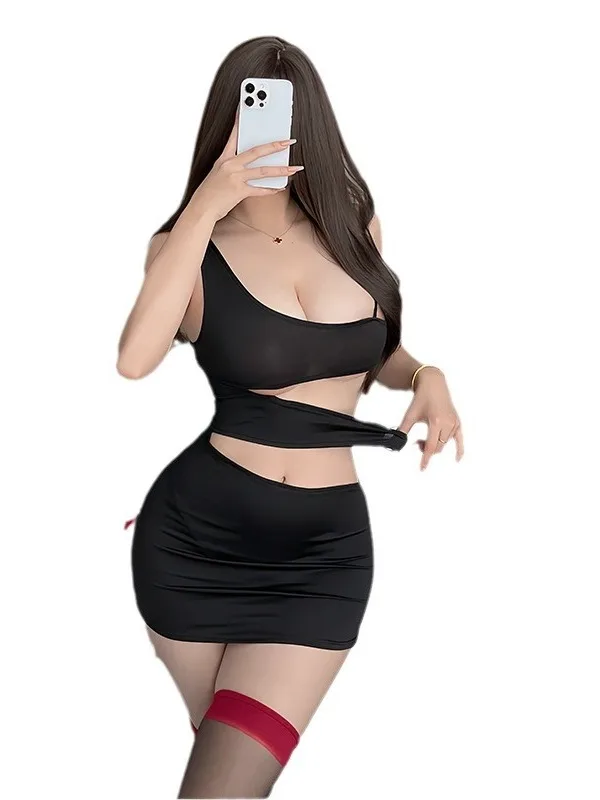 New Irregular Solid Black Sheath Suspender Hollowed Out Diagonal Shoulder Slit Buttocks Wrapped Dress Secretary High Street OBJC