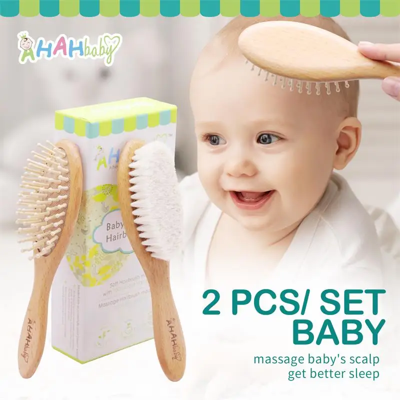 Brosse Bebe Personnalisé Brosse Baby Hair Brosse à cheveux pour nouveau-né, ensemble de 3 pièces, brosse en laine naturelle, masseur de tête