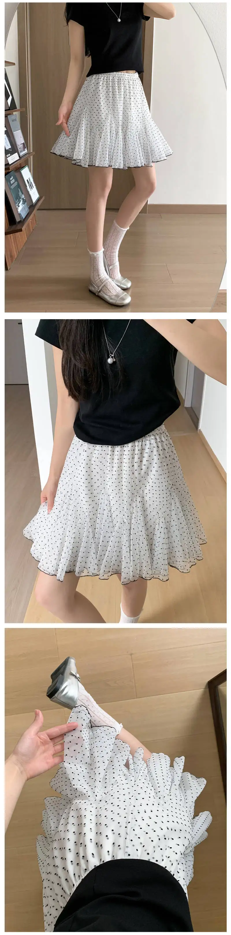 Polka Dot Mesh Cake Skirt Women Summer High Elastic Waist A-line Short Skirts for Woman Sweet Ballet Style Ruffles Puffy Skirt