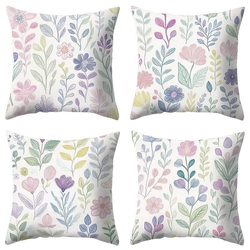 Set of 4 Botanical Floral Cushion Covers Pillow Cases Watercolor Print Set for Home Decor Living Room Bedroom Styling