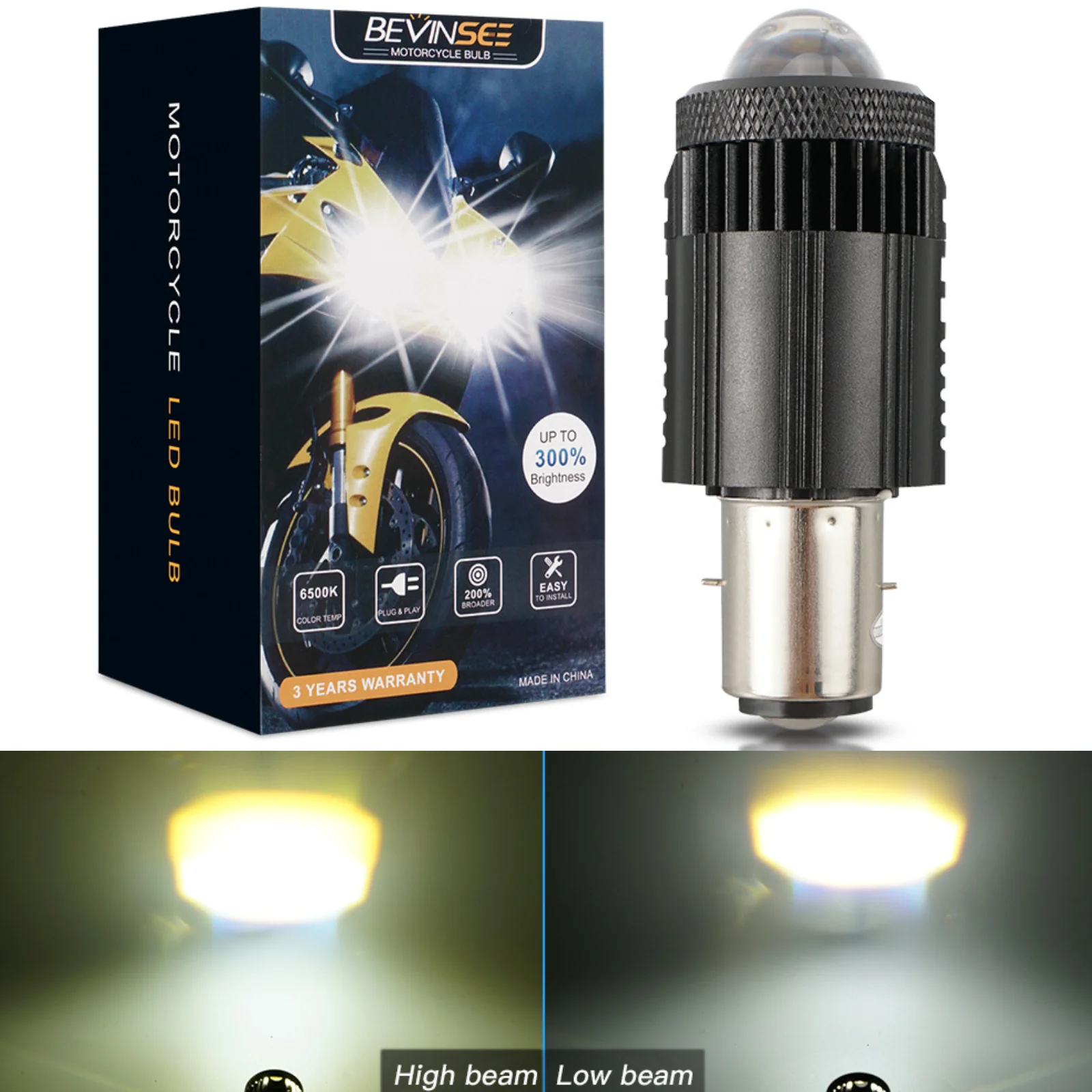BEVINSEE BA20D LED Motorcycle Headlight Bulb 35W H6 BA20D LED With Lens 3000K+6000K Yellow White Hi/Lo Beam 12V Moto Accessories