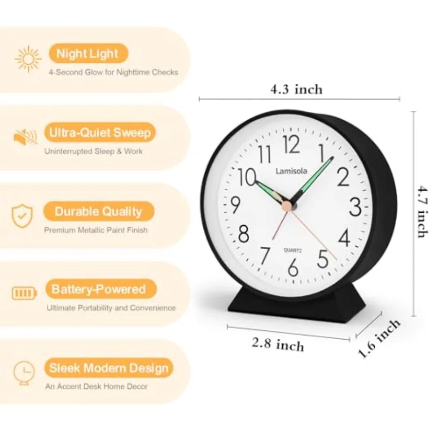 4.5 Inch Small Silent Analog Alarm Clock, Retro Battery Operated Desk Clock with Night Light Stays On 4 Seconds Vintage Metal T