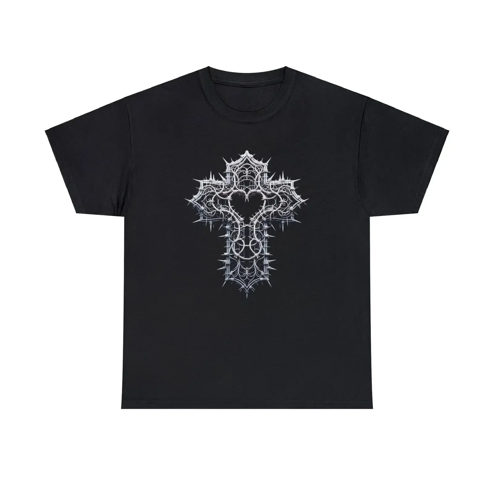 Adult T Shirt Streetwear Barb Wire Gothic Cross Designer Metal Heart vintage Washed designer clothes Casual Stylish Slightly