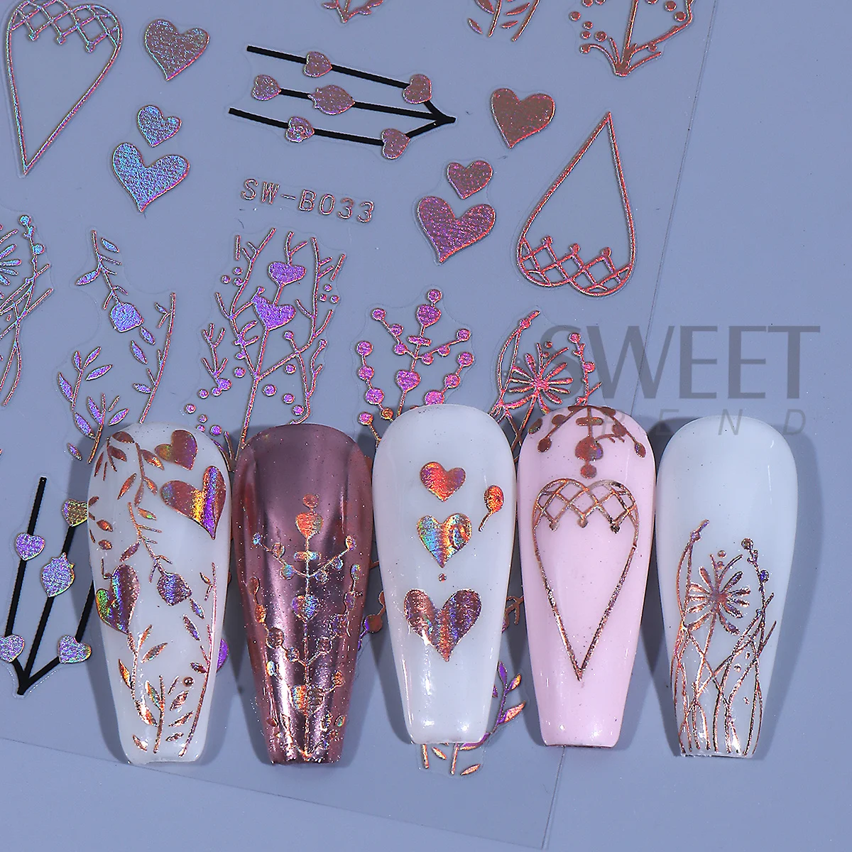 Autocollants pour ongles en forme de cœur métallique, 4 pièces, Laser bronzant, or Rose, feuille de plante, paillettes, décalcomanie adhésive, vie Simple, curseur de manucure chic