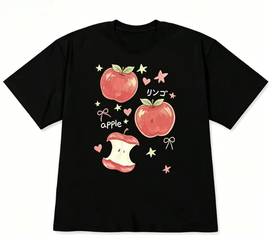 Women Cute Apple Graphic T-Shirt Kawaii Korean Aesthetic Crew Neck Casual Summer Feminine Short Sleeve Daily Top