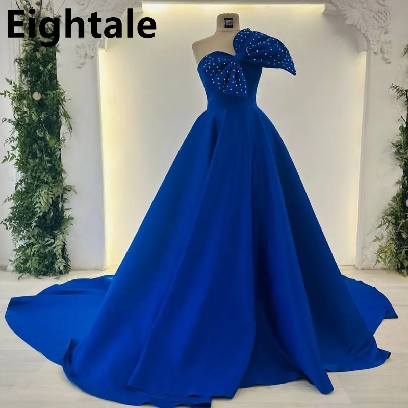 

Eightale 2025 Royal Blue Court Train Evening Dress Beaded Big Bow Prom Dress Women Formal Party Gown Robes De Soirée