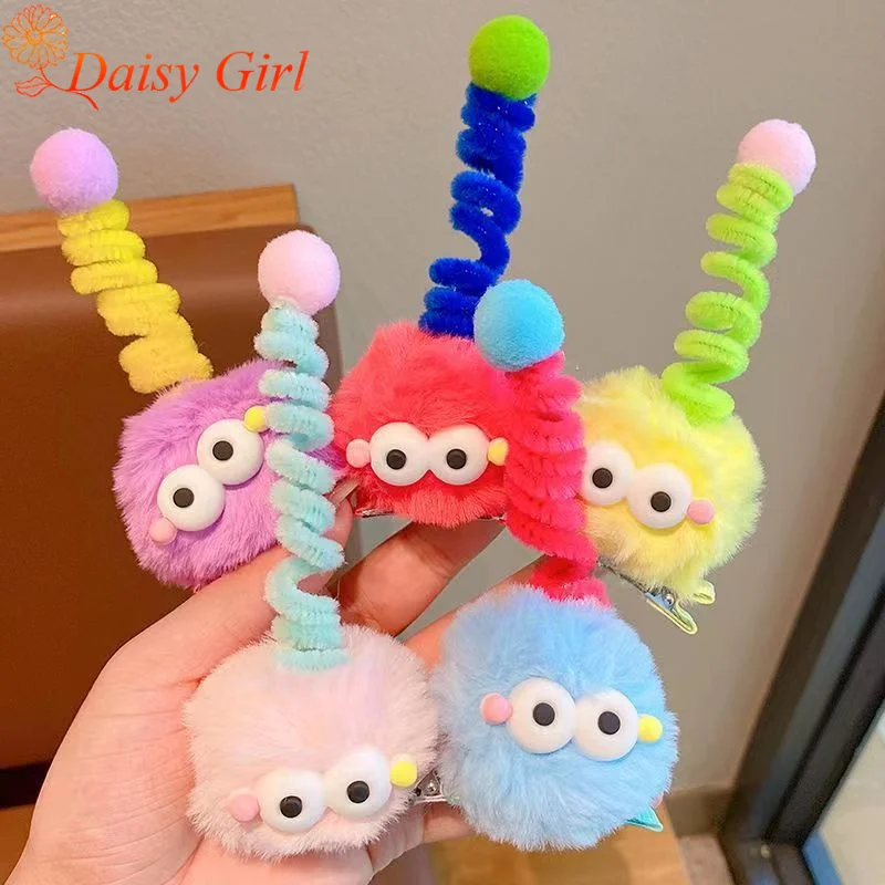 Children's Cute Briquette Twist Stick Duckbill Clip Antenna Big Eyes Side Clip Little Girl Hair Ball Funny One-Word Clip