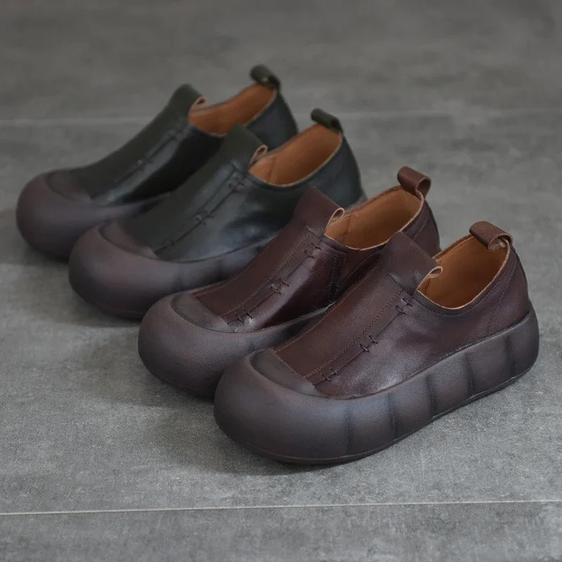 

Туфли Birkuir женские на плоской подошве, лоферы из натуральной кожи, без застежки, на платформе, мягкий толстый каблук, Ретро стиль, шитье