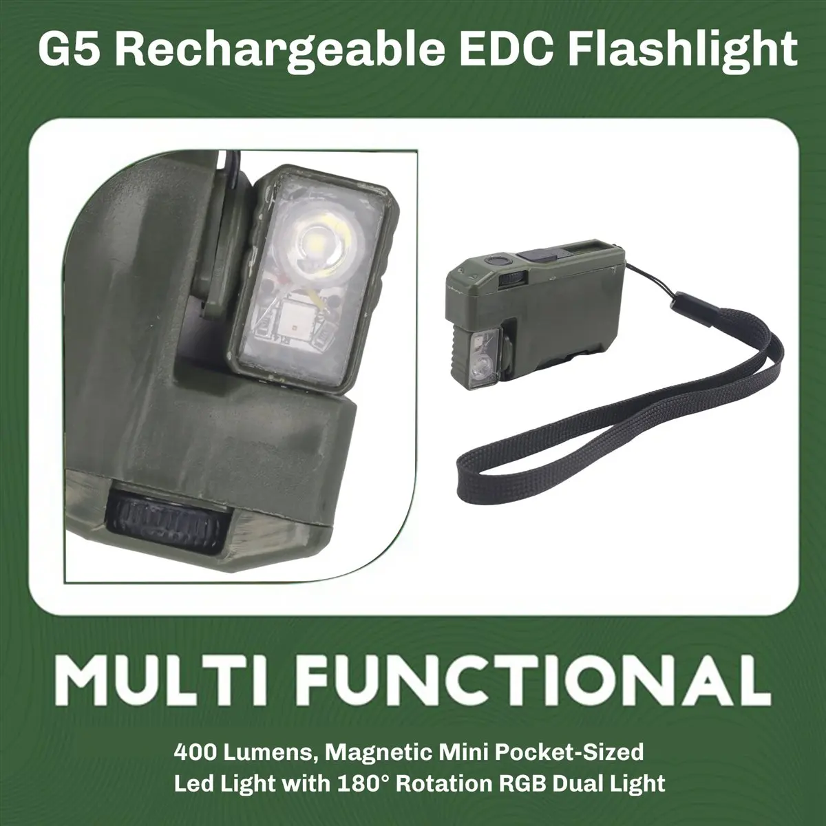 Goodprice G5 Rechargeable EDC Flashlight, 400 Lumens, Magnetic Mini Pocket-Sized Led Light with 180° Rotation RGB Dual Light