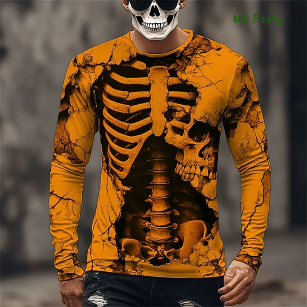 

Fashion Halloween Skull Print O-Neck Long Sleeved T-Shirt for Men Trendy Street Casual Top Halloween Themed 2026 Men's Clothing